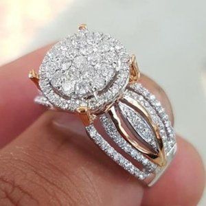 NEW Two Tone Round Diamond Halo Engagement Ring